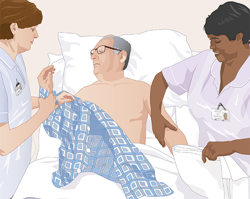 illustration of giving a resident a bed bath in a care home setting on clinicalskills.net